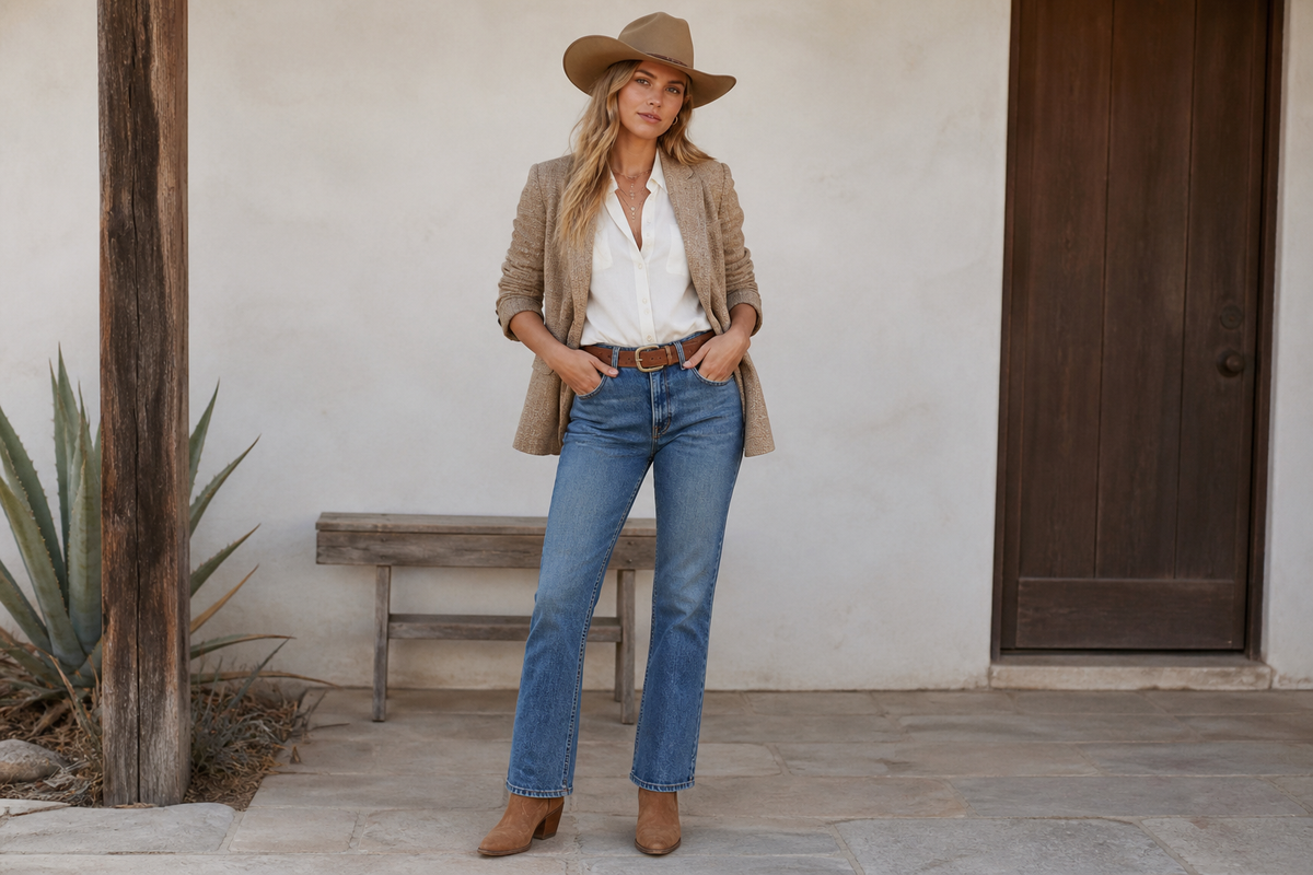 Woman wearing straight-leg jeans with cowboy boots outdoors