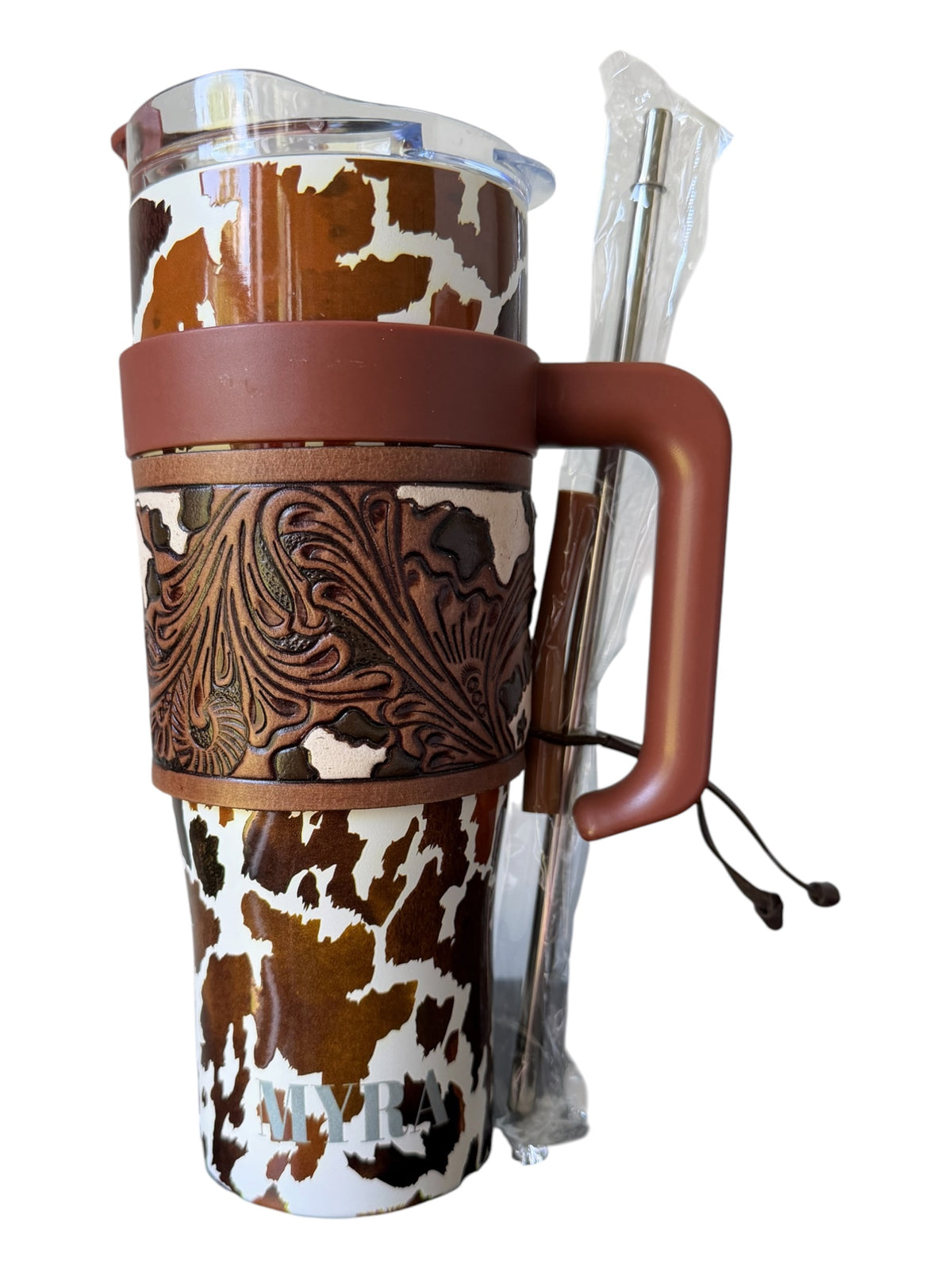 Myra Cow Print Tumbler with Leather Sleeve | Western Style
