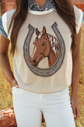 Western Horse Shoe Color Block Trim Sleeveless Sweater