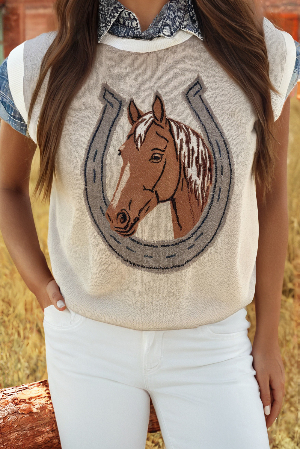 Western Horse Shoe Color Block Trim Sleeveless Sweater