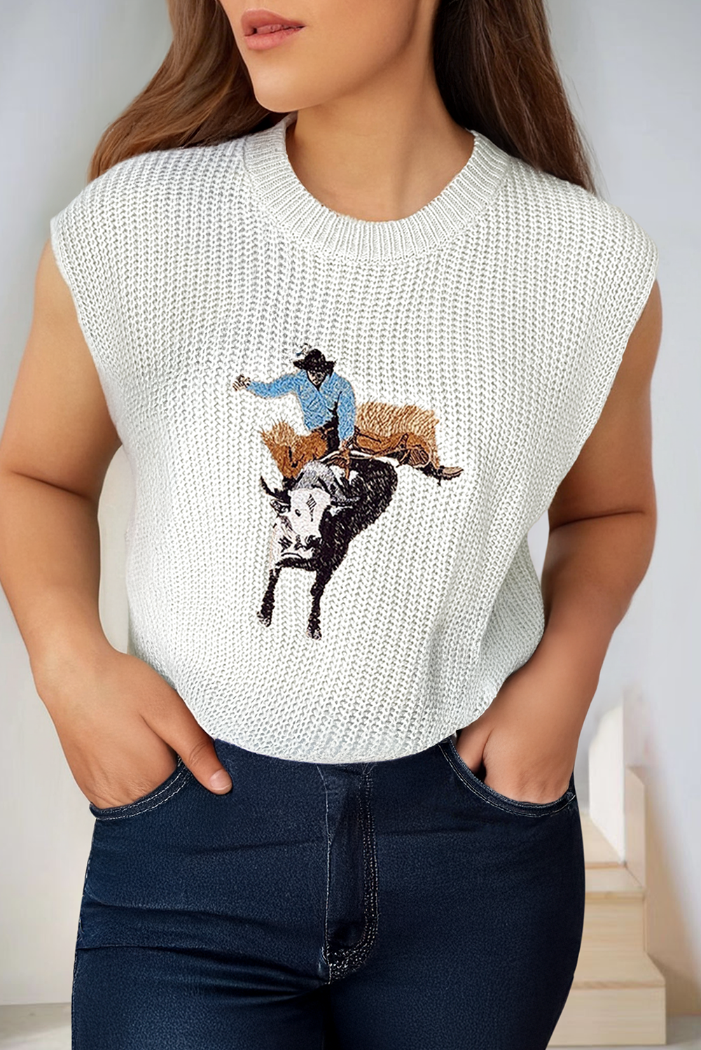 Western Embroidered Round Neck Sleeveless Sweater (S-XL)