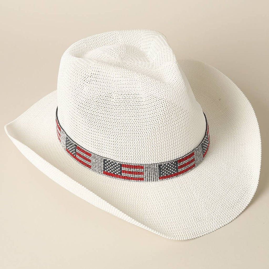 American Flag Rhinestone Band Straw Cowboy Adjustable Hat