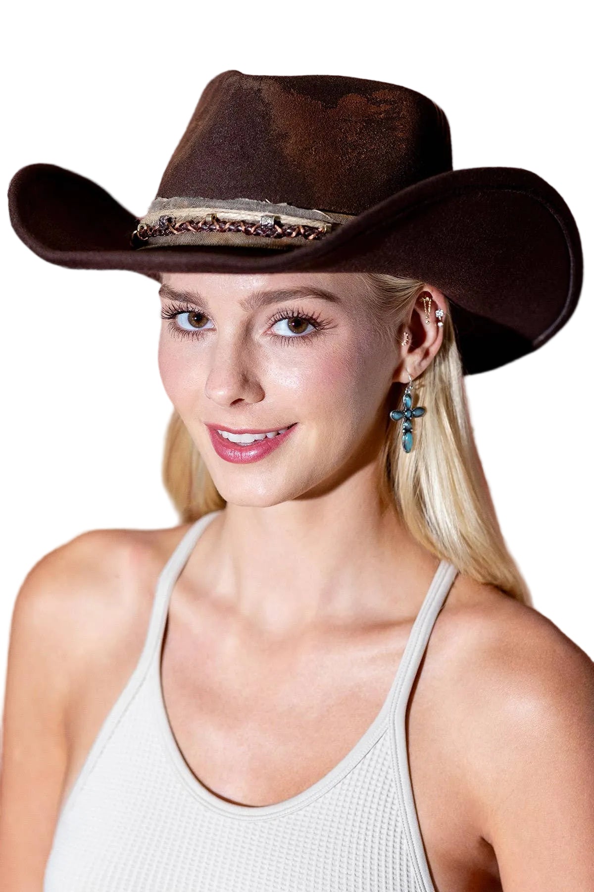Vintage Versatile Shapeable Cowgirl Hat & Fedora with Beaded Band - Polyester, One Size, Brown