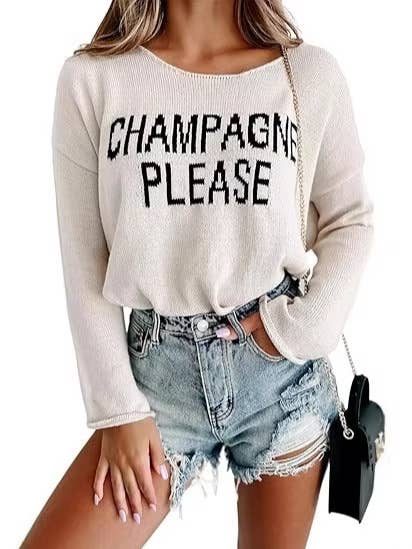 Champagne Please Graphic Side Slit Pullover Knit Top