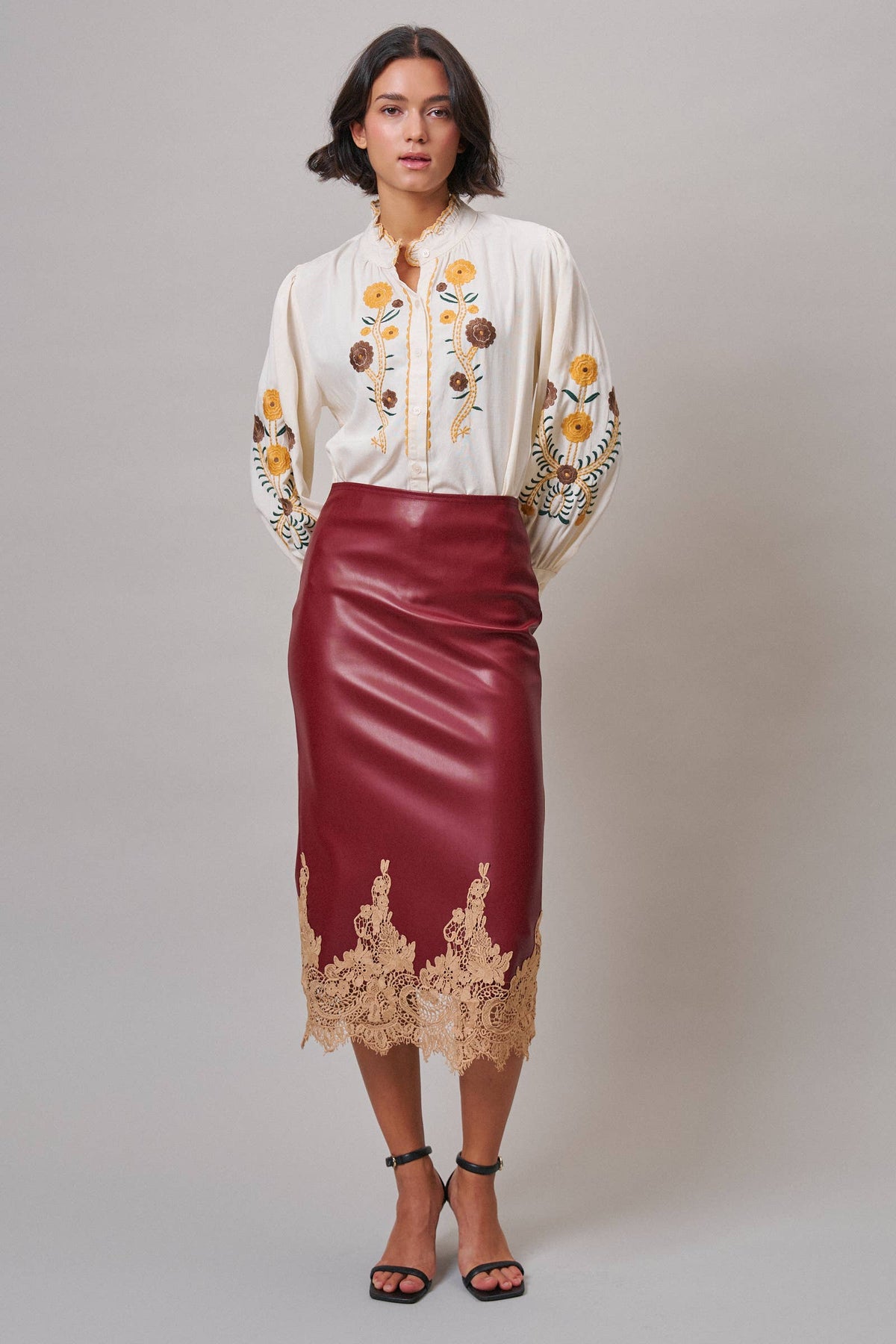 Boho Faux Leather Midi Skirt with Lace Hem (Preorder)