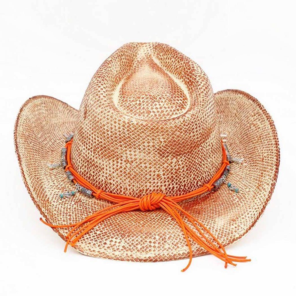 Handmade vintage cowboy hat in woven tan with a structured crown and curved brim, accented by an orange cord and charms.