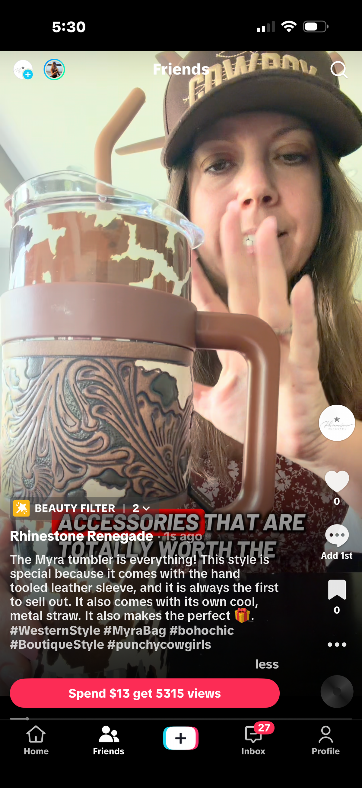 Myra Cow Print Tumbler with Leather Sleeve | Western Style