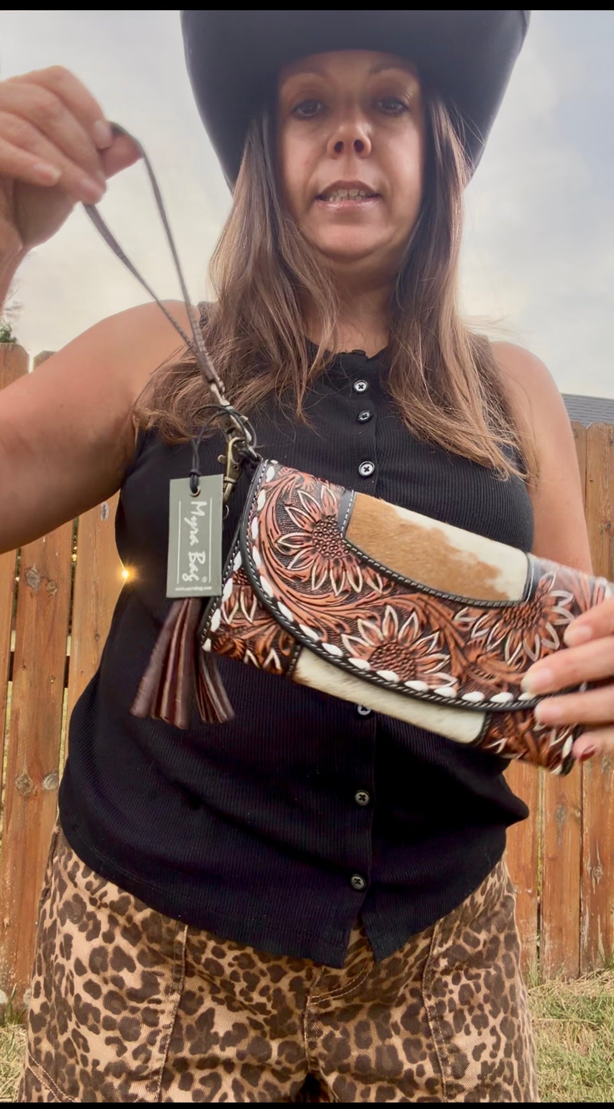 Myra Sandstone Trail Hand-Tooled Wristlet Wallet With Hairon Cowhide