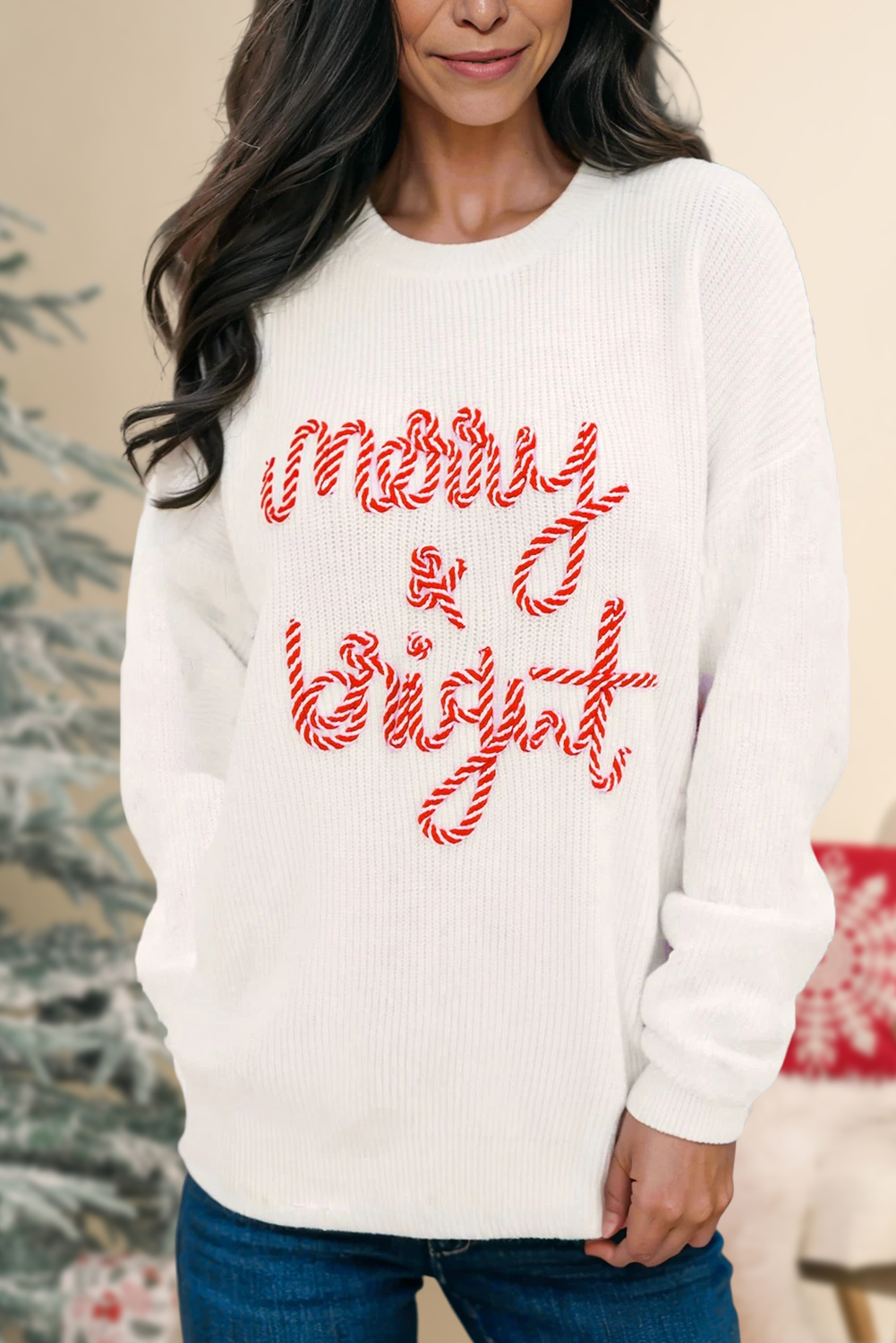 Merry & Bright Letter Christmas Graphic Sweater | S-2XL