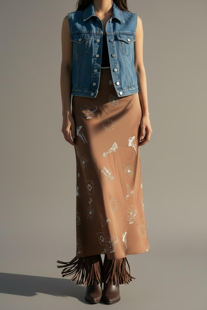 Western Print Satin Long Skirt