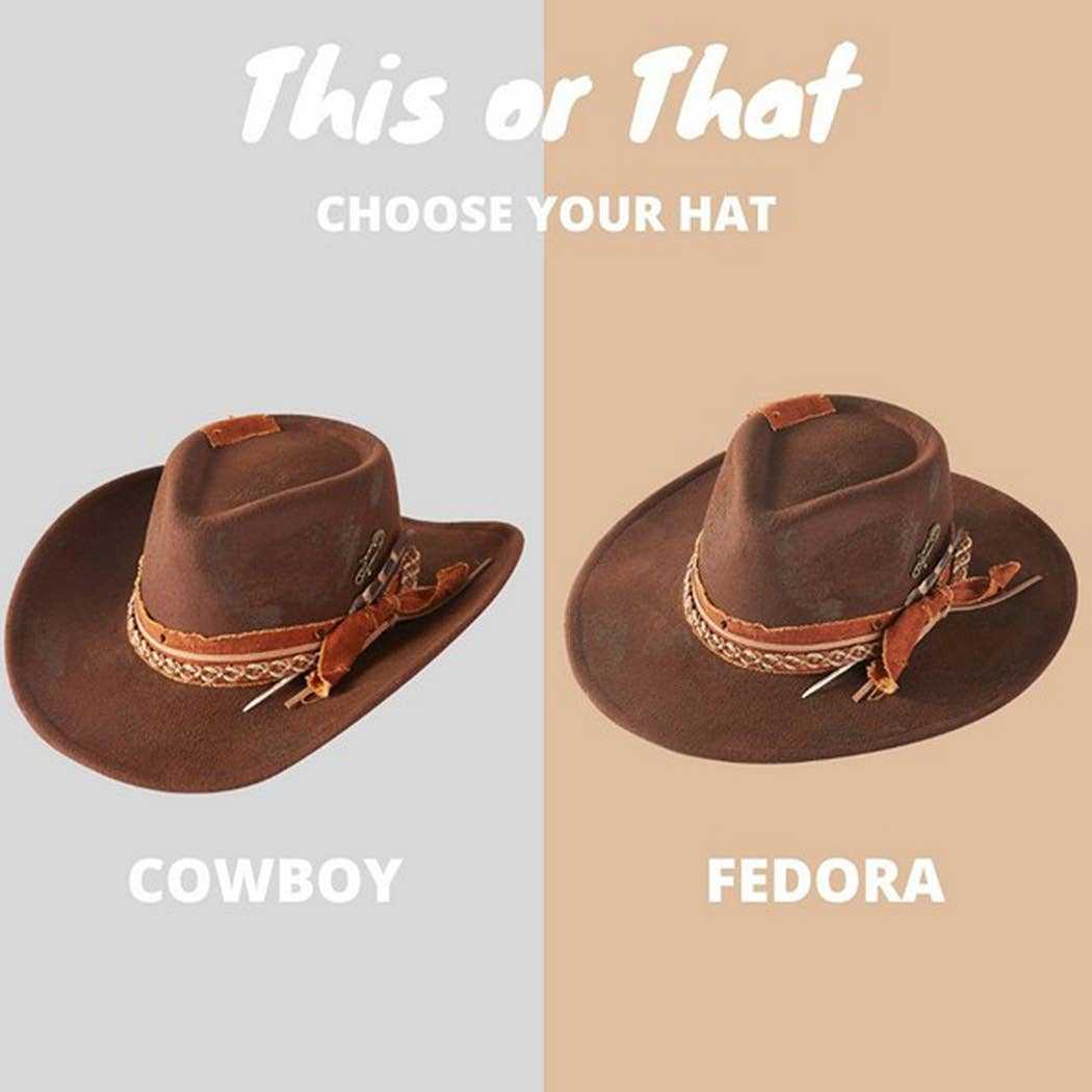 Vintage versatile shapeable cowgirl and fedora hat with feather and distressed fabric band in brown polyester