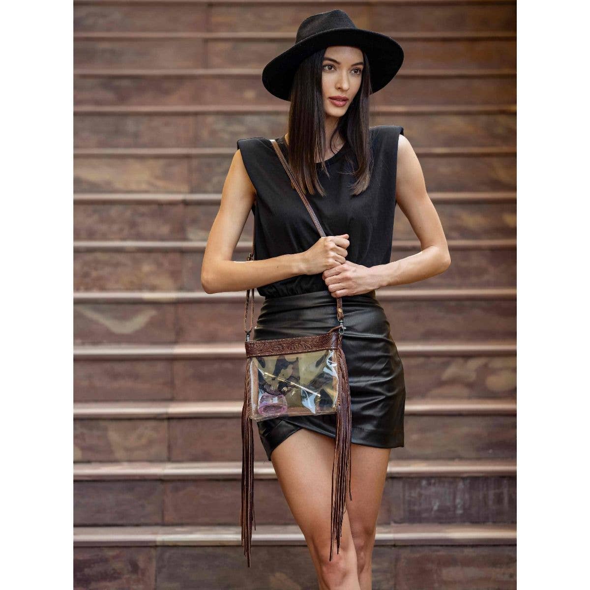 Myra Clear Stadium Bag with Tooled Leather & Fringe | Western Crossbody