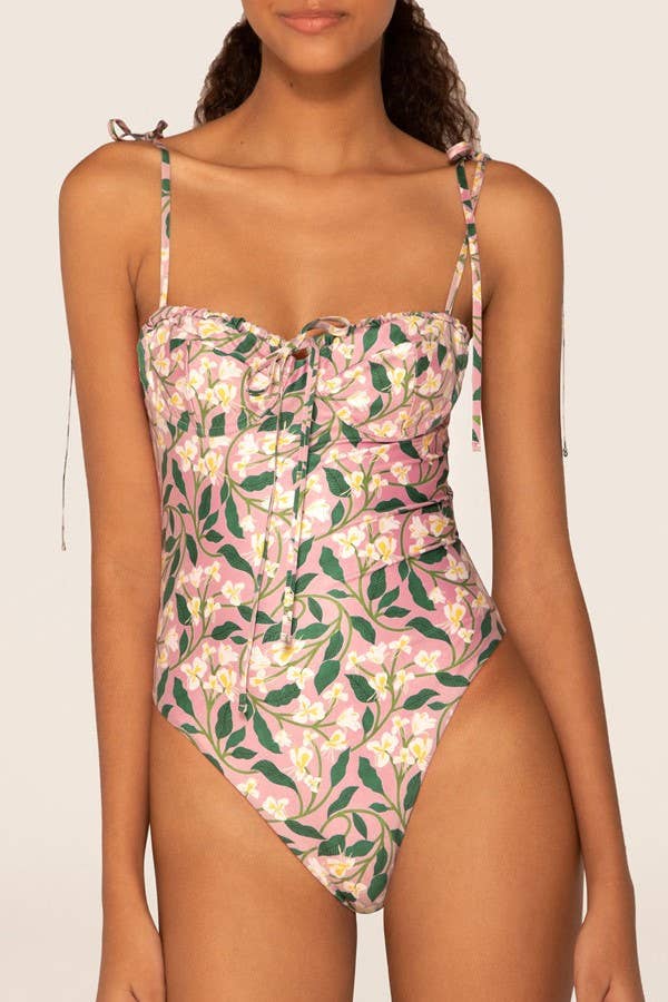 Little pink floral strappy one piece swimsuit