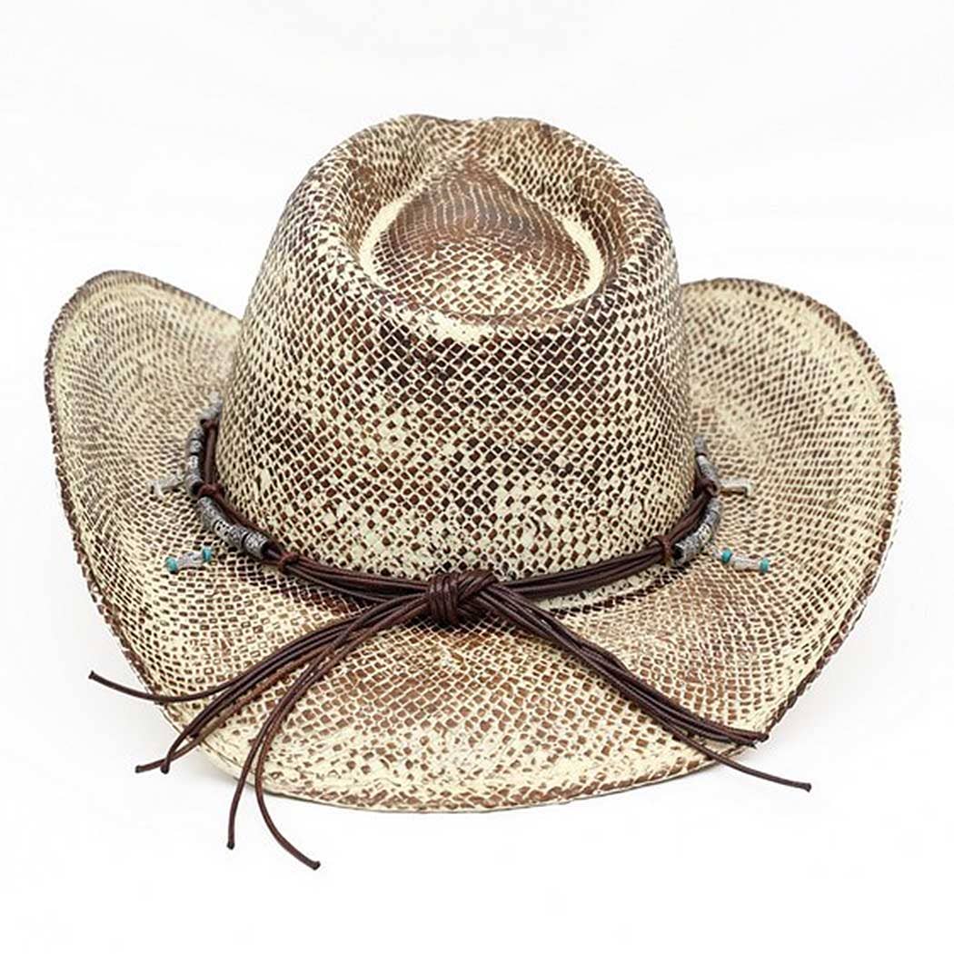 Handmade vintage cowboy hat in tan, featuring a structured crown, curved brim, and decorative charms on a braided band.