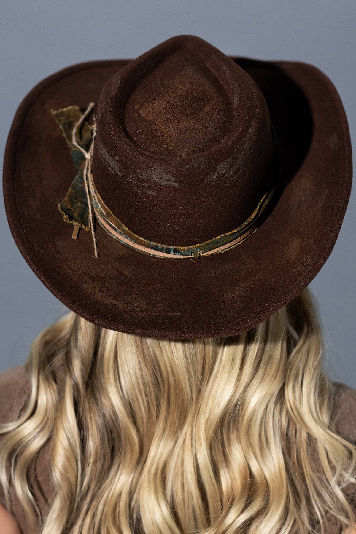 Vintage Versatile Shapeable Cowgirl & Fedora Hat with Teal Band and Faux Leather Accent - Polyester, One Size, Brown