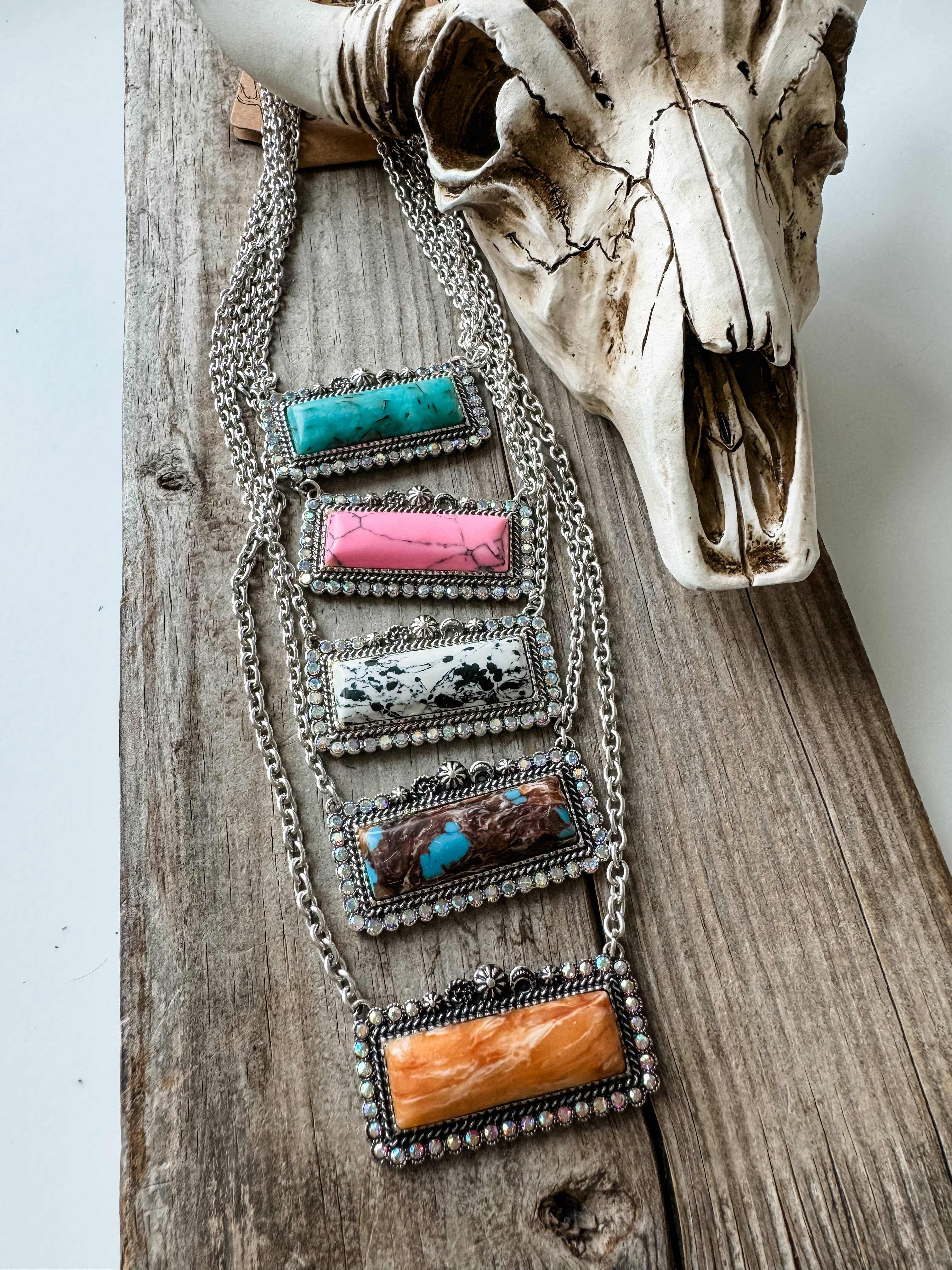 Western Semi Stone Bar Necklace - with Rhinestone edge