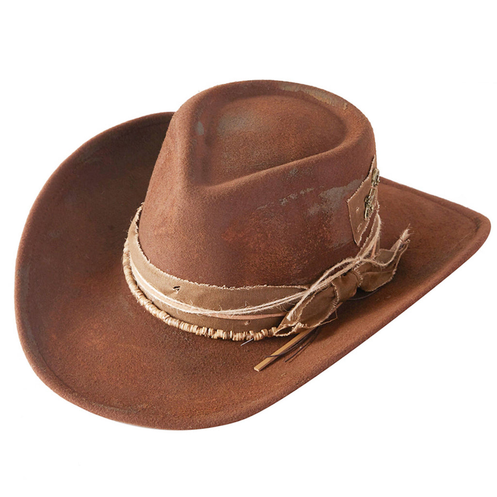 Distressed Fabric Band Rustic Cowgirl Fedora Hat