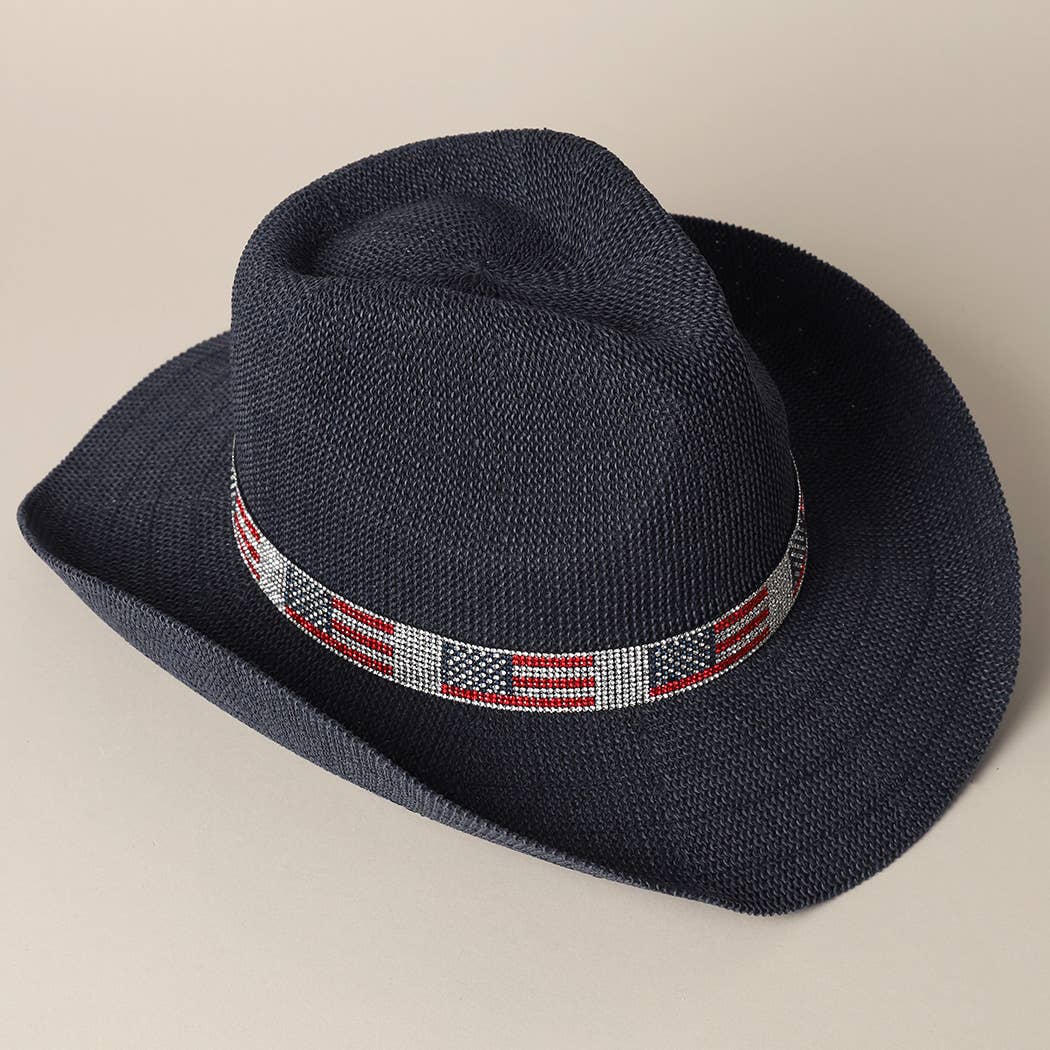 American Flag Rhinestone Band Straw Cowboy Adjustable Hat