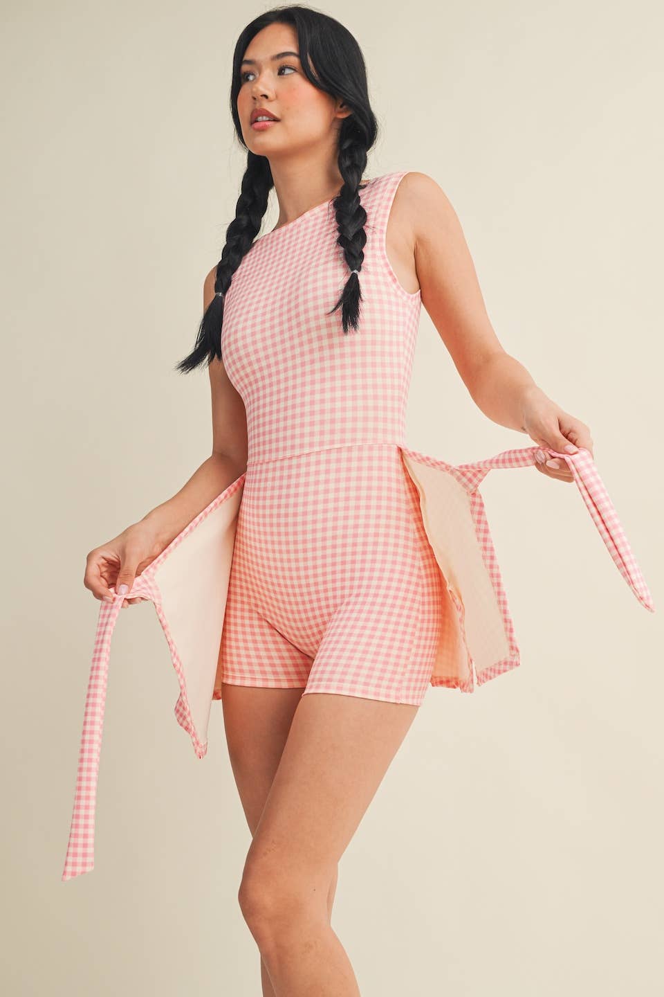 Gingham Print Sleeveless Wrap Tie Front Dress