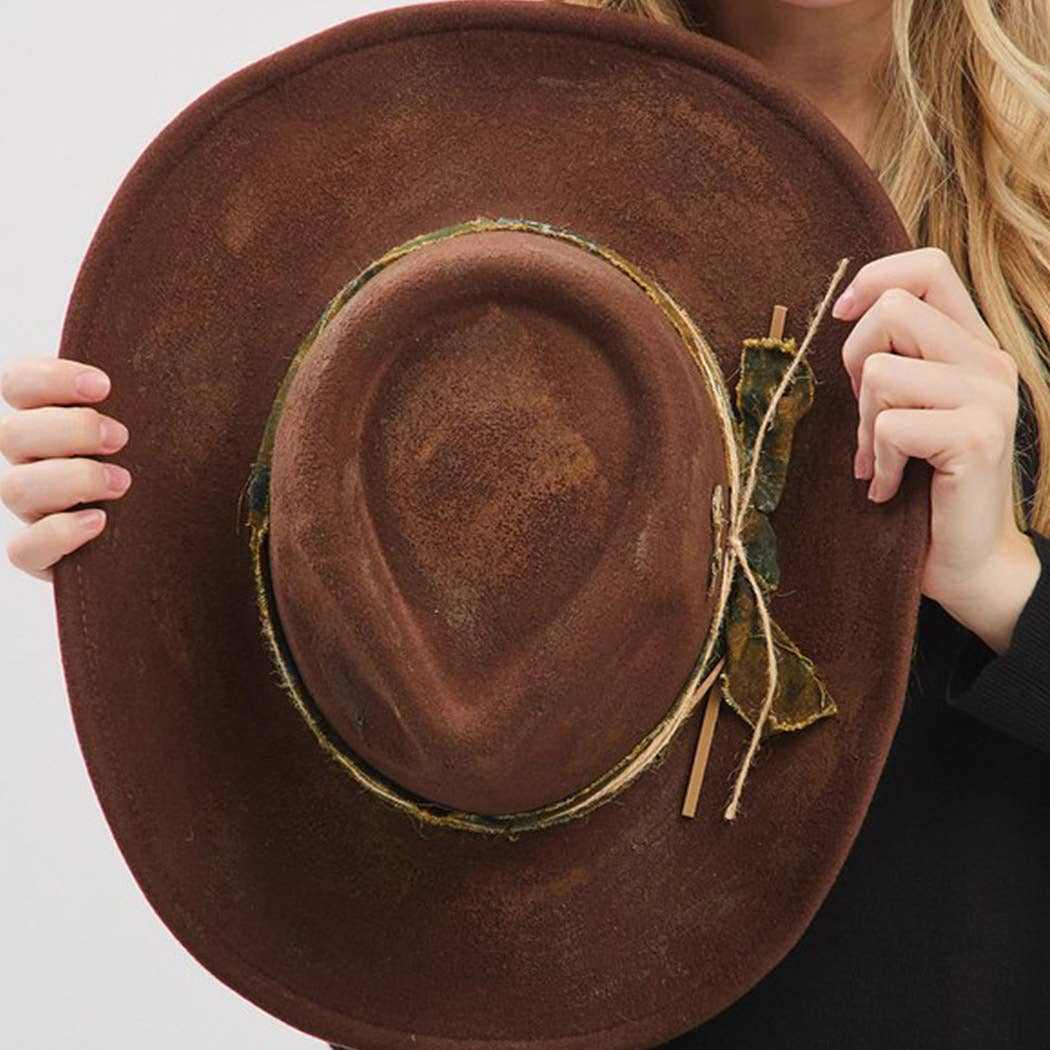Vintage shapeable cowgirl and fedora hat with distressed fabric and suede band