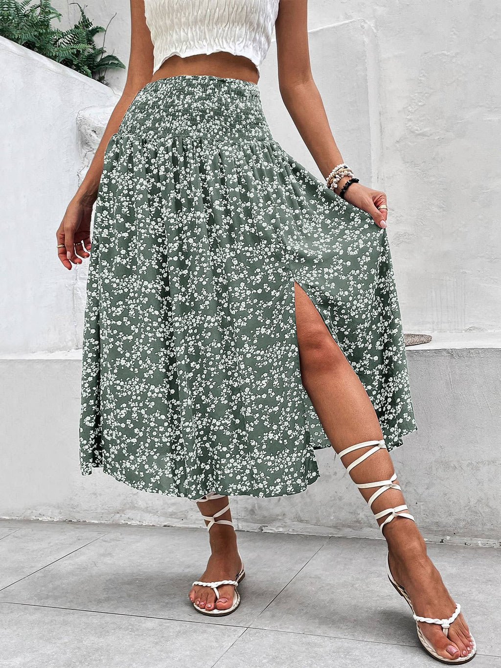 Vintage Floral Print Slit Skirt