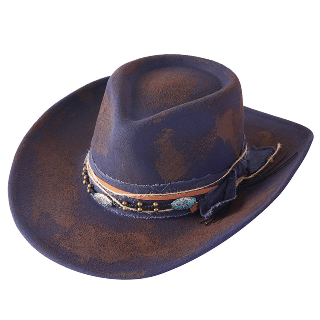 Distressed Fabric Multi Band Cowgirl Fedora Hat