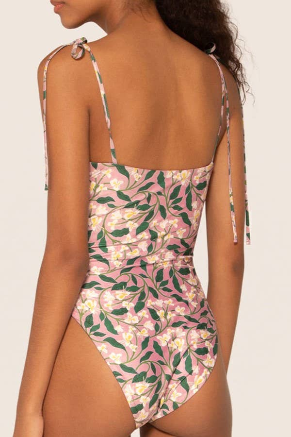 Little pink floral strappy one piece swimsuit