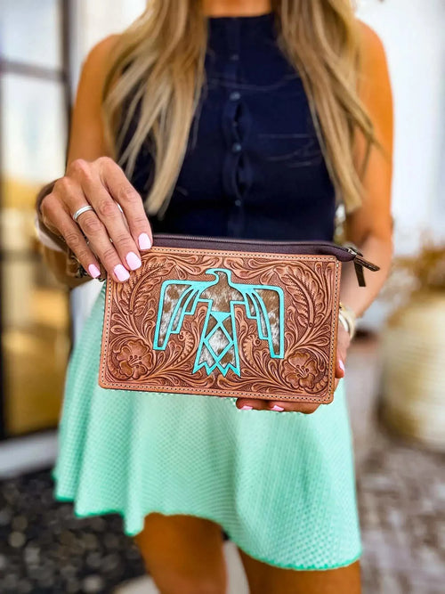 Boho Ranch Shop Genuine Leather Hairon Cowhide Thunderbird Wristlet| Western Hand Tooled Leather