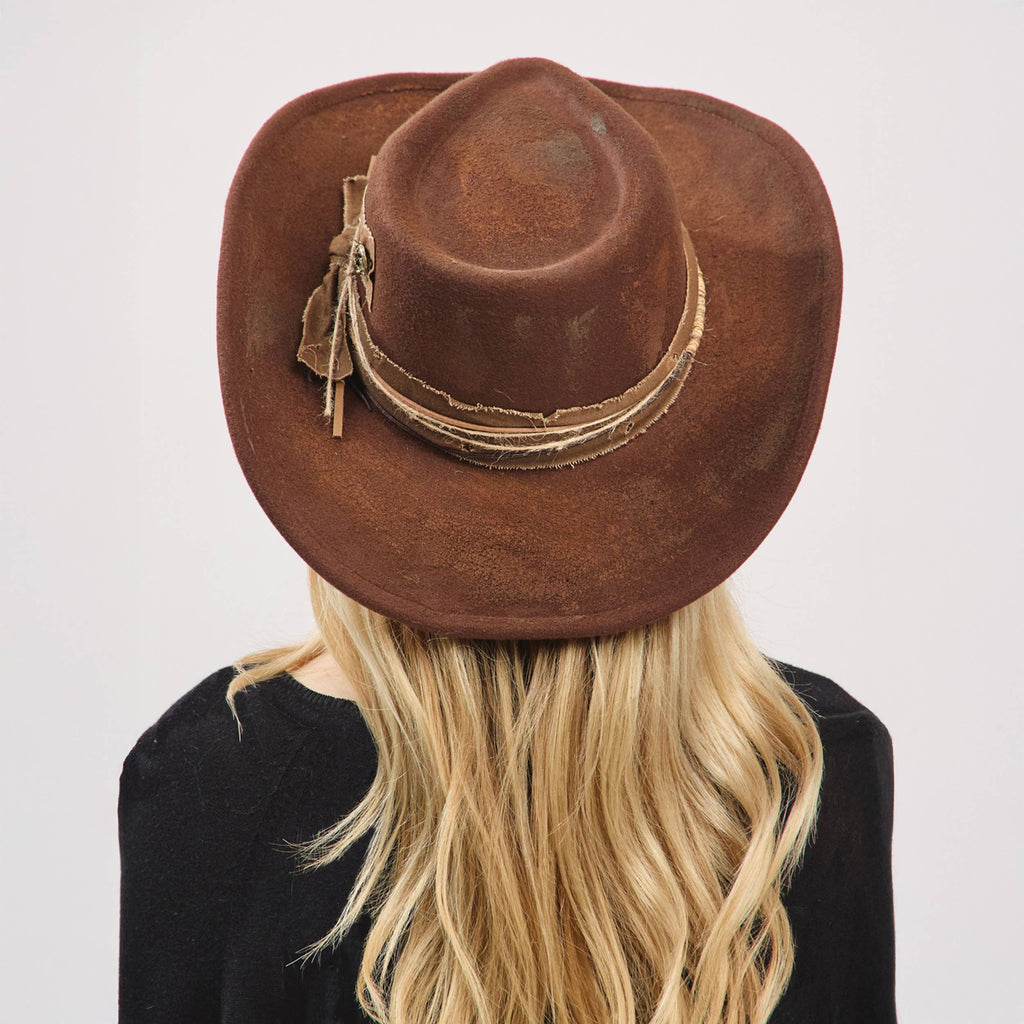 Distressed Fabric Band Rustic Cowgirl Fedora Hat