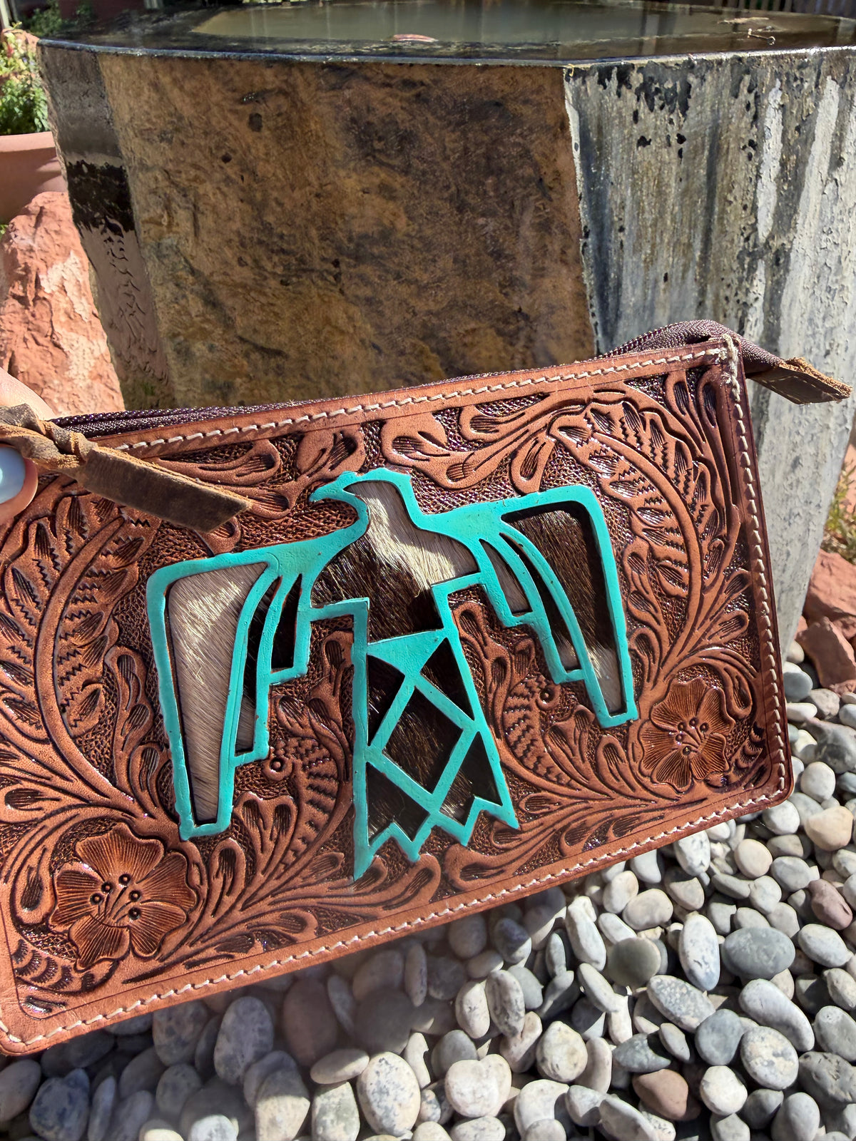 Boho Ranch Shop Genuine Leather Hairon Cowhide Thunderbird Wristlet| Western Hand Tooled Leather