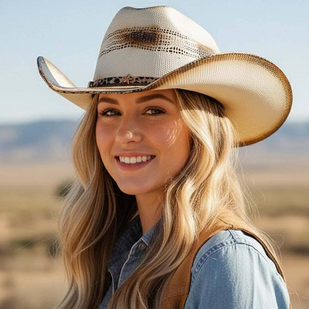 Distressed Two-Tone Cowboy Hat with Leopard-Print Star Band