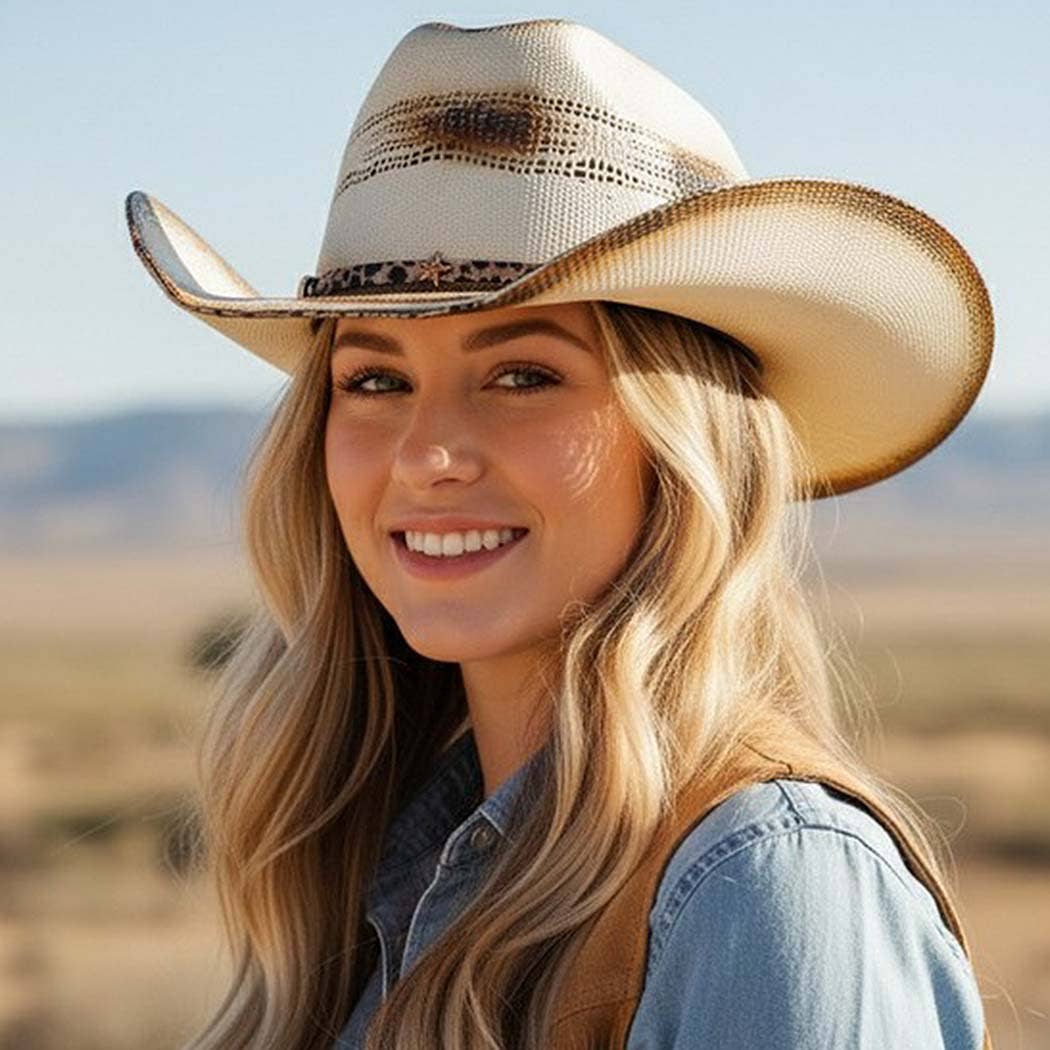 Distressed Two-Tone Cowboy Hat with Leopard-Print Star Band