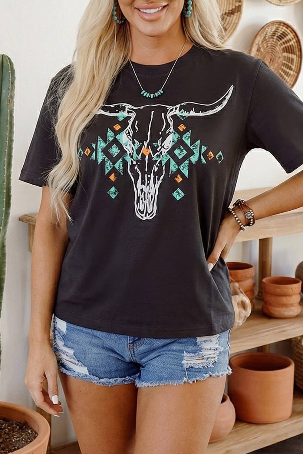LDC Vintage Bull Skull Western Turquoise T Shirt