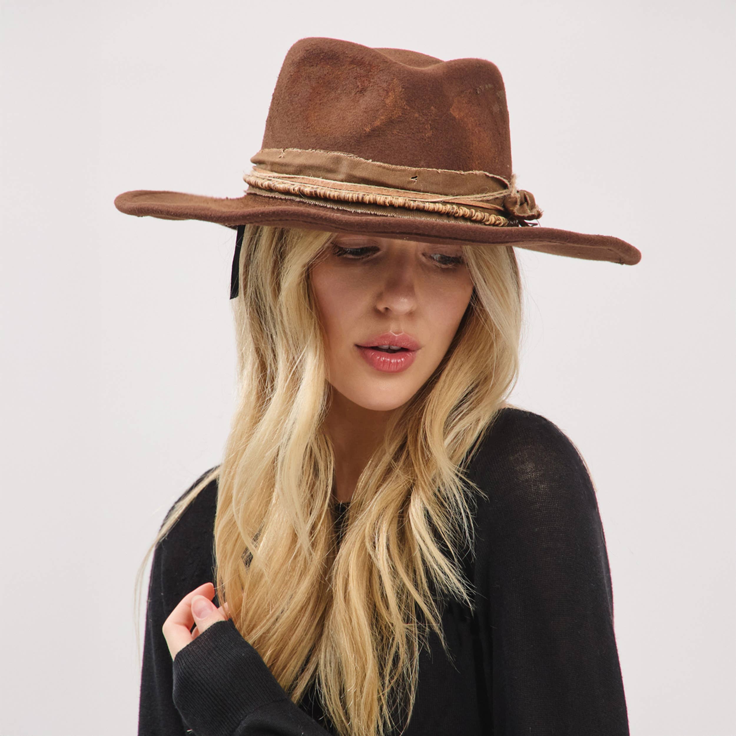 Distressed Fabric Band Rustic Cowgirl Fedora Hat