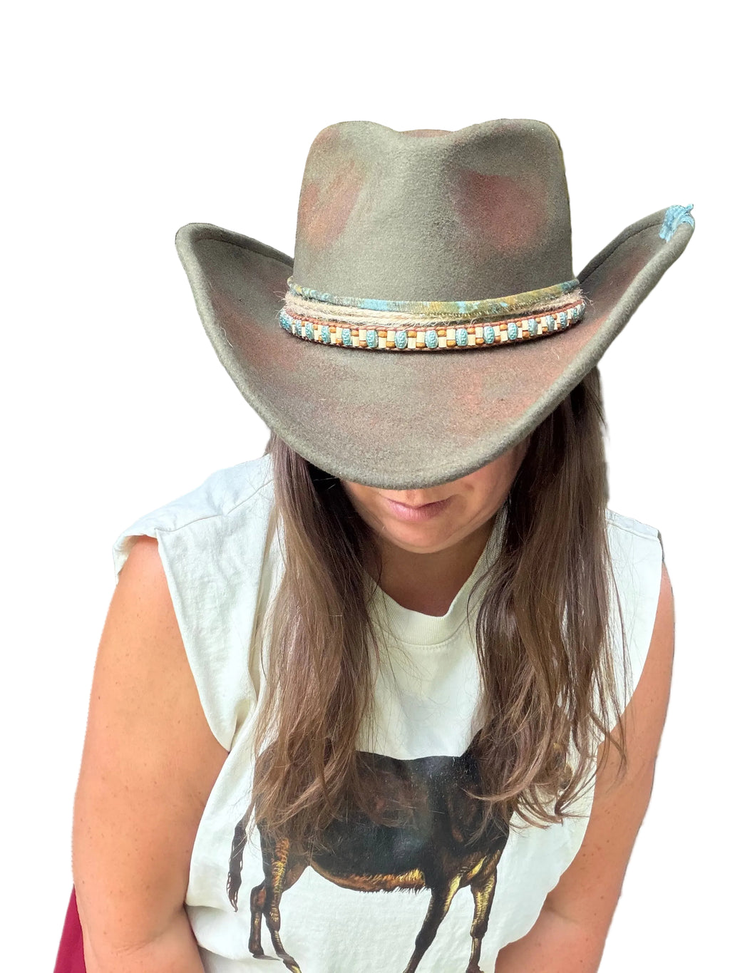 Rustic Shapeable 2-in-1 Cowgirl Fedora Hat with Distressed Beaded Band - Women's One Size Olive Green