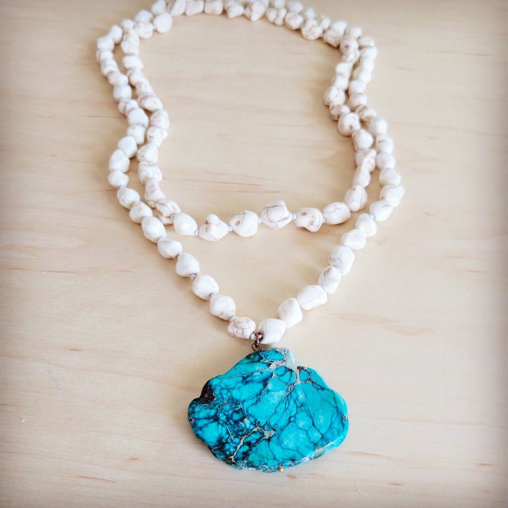 **Long White Turquoise Beaded Necklace w/ Genuine Regalite Pendant 263c
