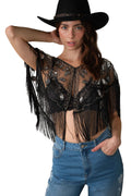 Sheer black mesh cape with intricate sequin and bead embellishments, featuring dramatic fringe trim, open front.