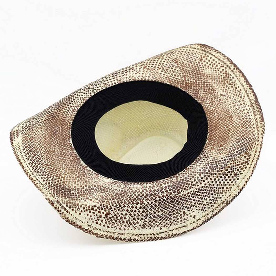 Handmade vintage cowboy hat featuring a textured brown and cream woven pattern with a black interior.