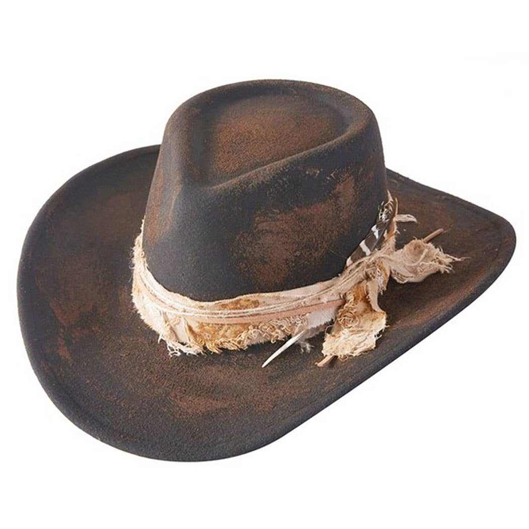 Vintage versatile shapeable cowgirl and fedora hat with feather and distressed fabric band