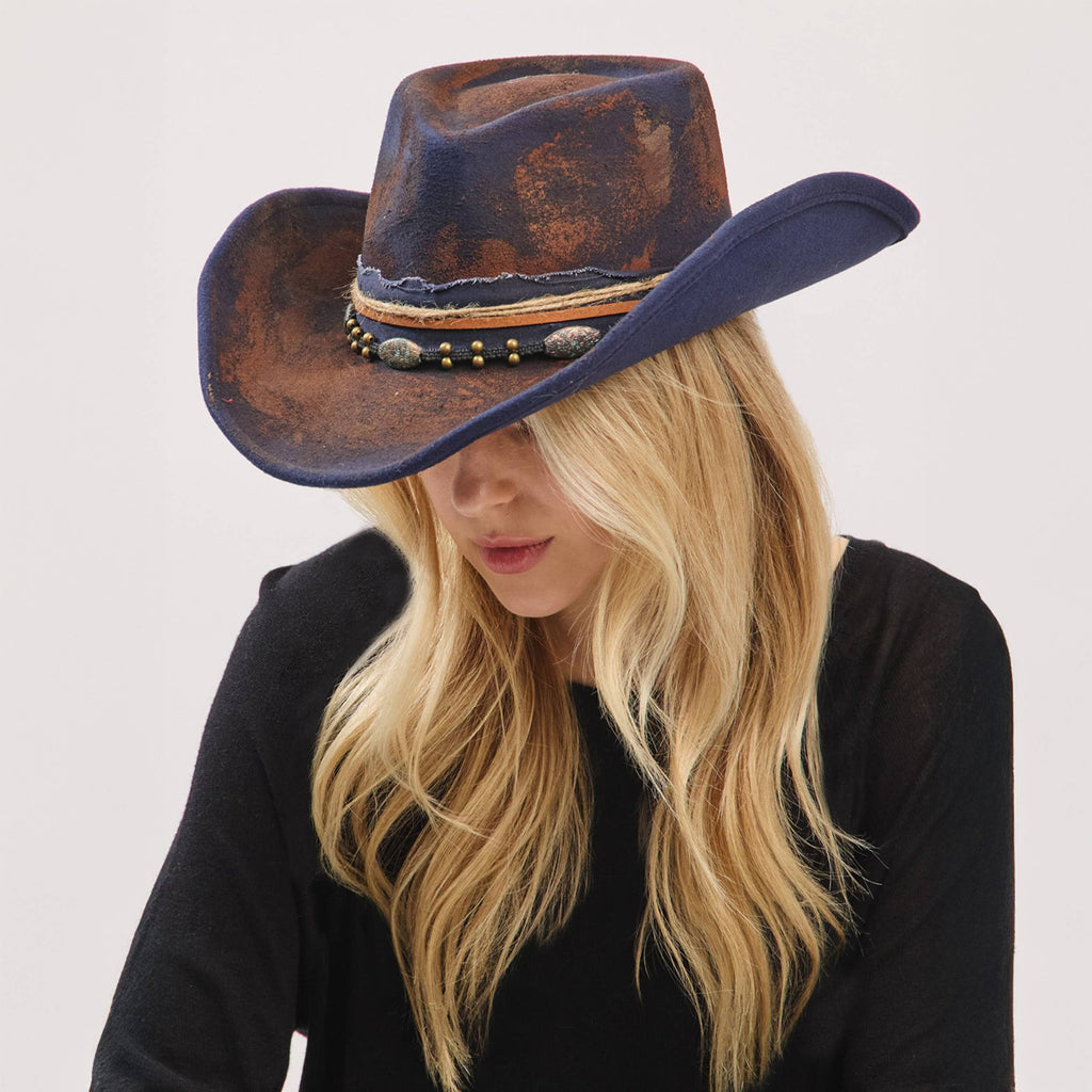 Distressed Fabric Multi Band Cowgirl Fedora Hat