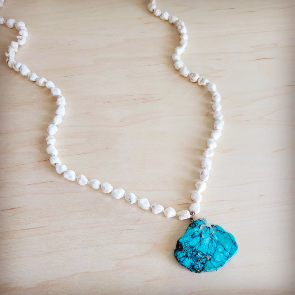 **Long White Turquoise Beaded Necklace w/ Genuine Regalite Pendant 263c