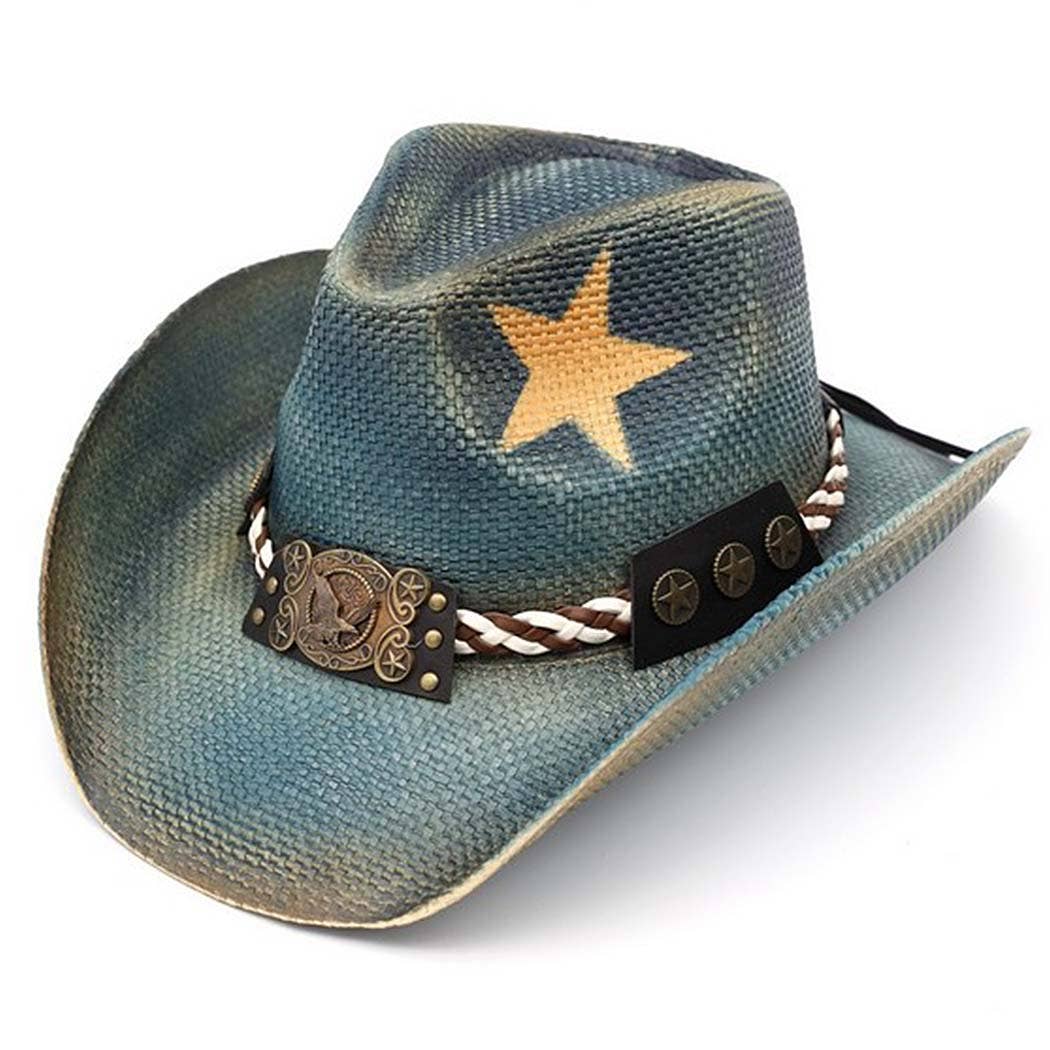 Distressed Cowboy Hat With Brass-Cplored Eagle Buckle, Braid