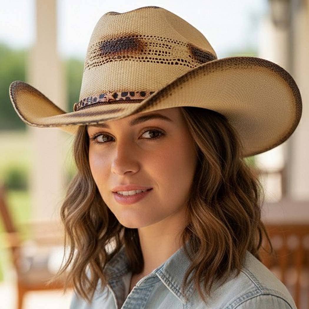 Distressed Two-Tone Cowboy Hat with Leopard-Print Star Band