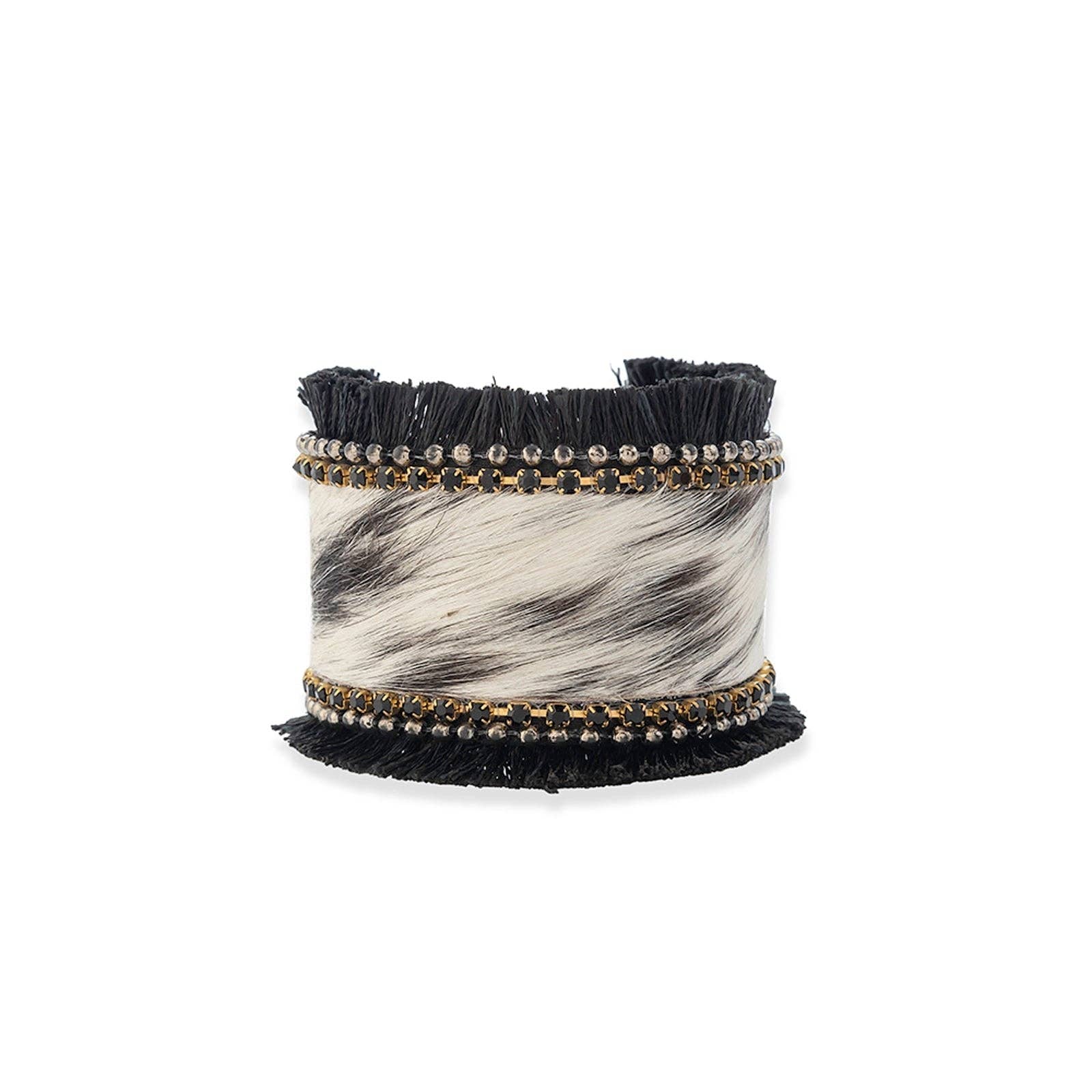 Coal Ridge Hair-on Hide Cuff Bracelet featuring a white and black patterned hide, trimmed with onyx stones and black fringe.