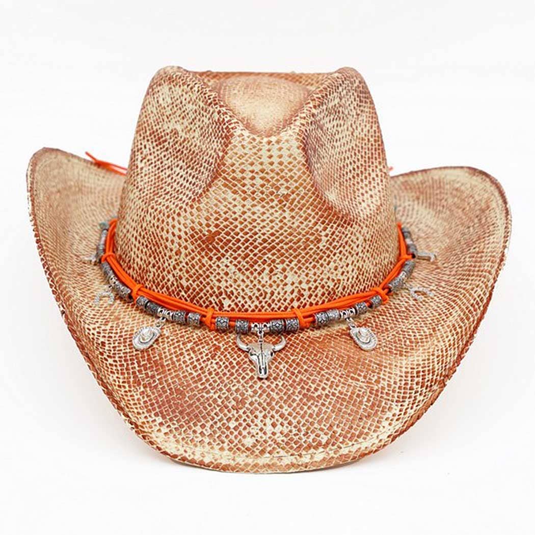 Vintage cowboy hat featuring a textured tan finish, adorned with a colorful charm band including western symbols.