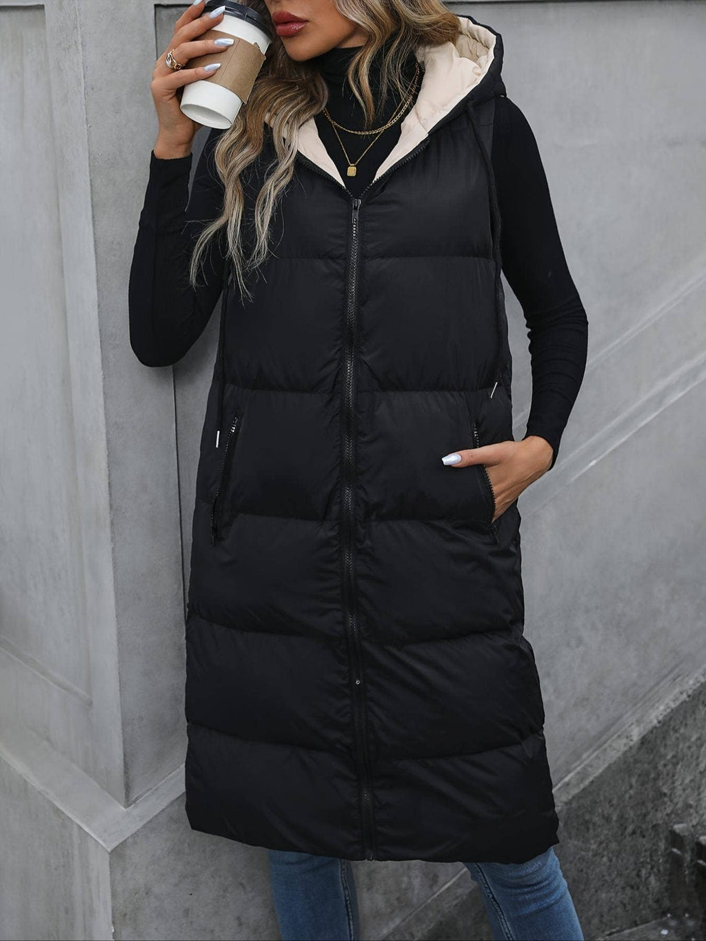 Zipper Sleeveless Hooded Long Padded Vest Jacket