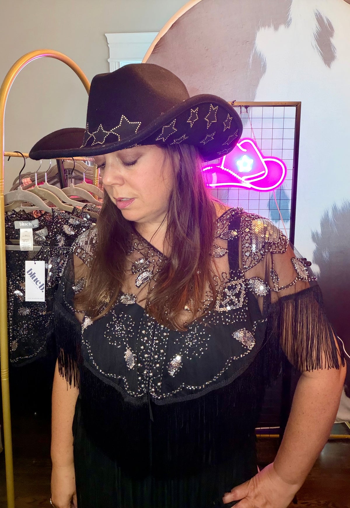 Blue B Sequin Beaded Fringe Western Boho Cape