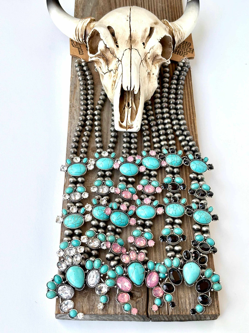 Western Squash Blossom Stone Pendant Navajo Pearl Necklace