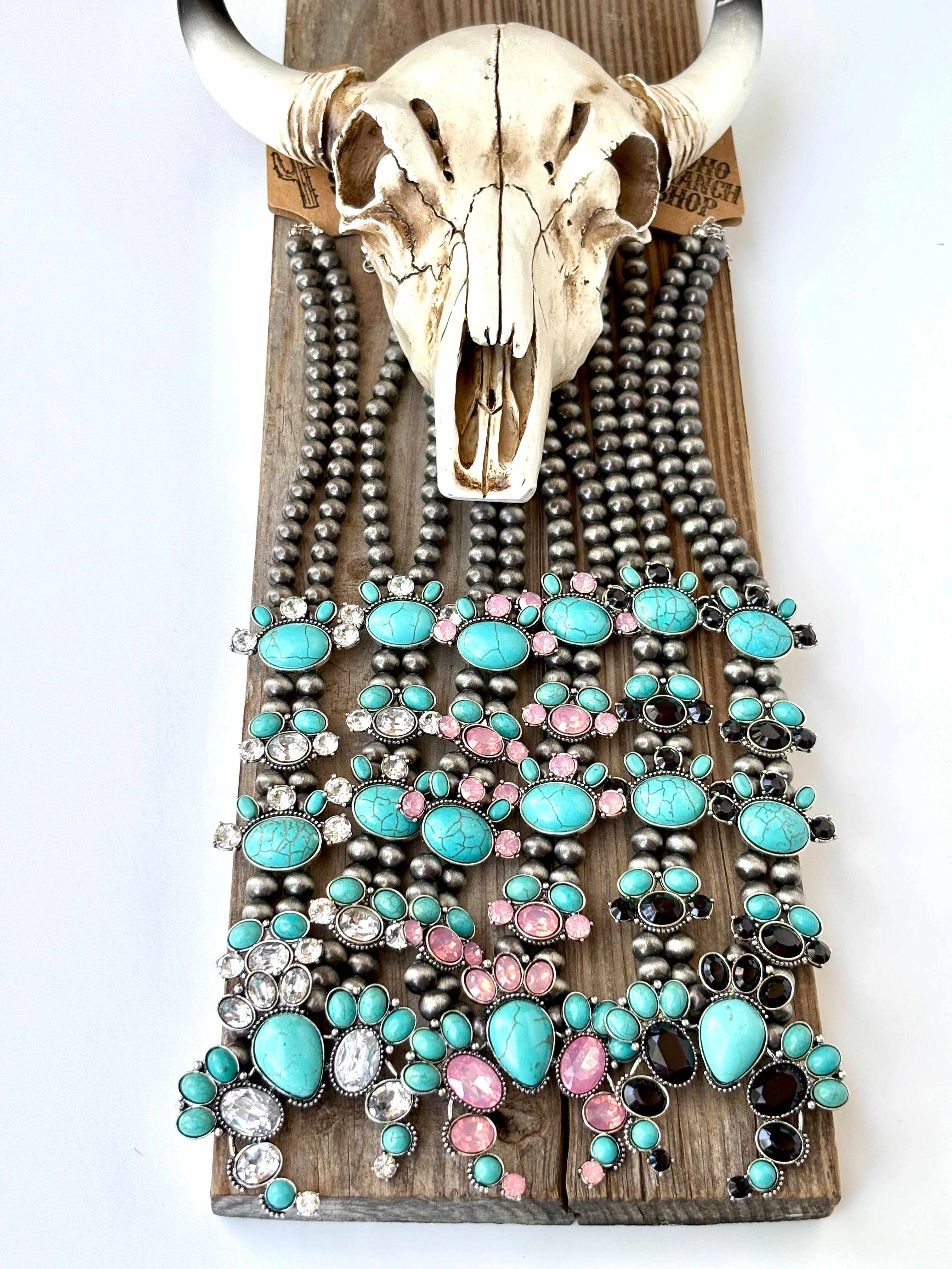 Western Squash Blossom Stone Pendant Navajo Pearl Necklace