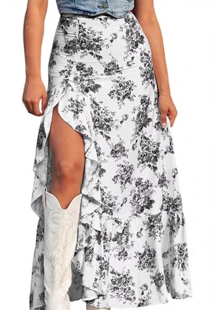 Summer floral print ruffle boho maxi skirt